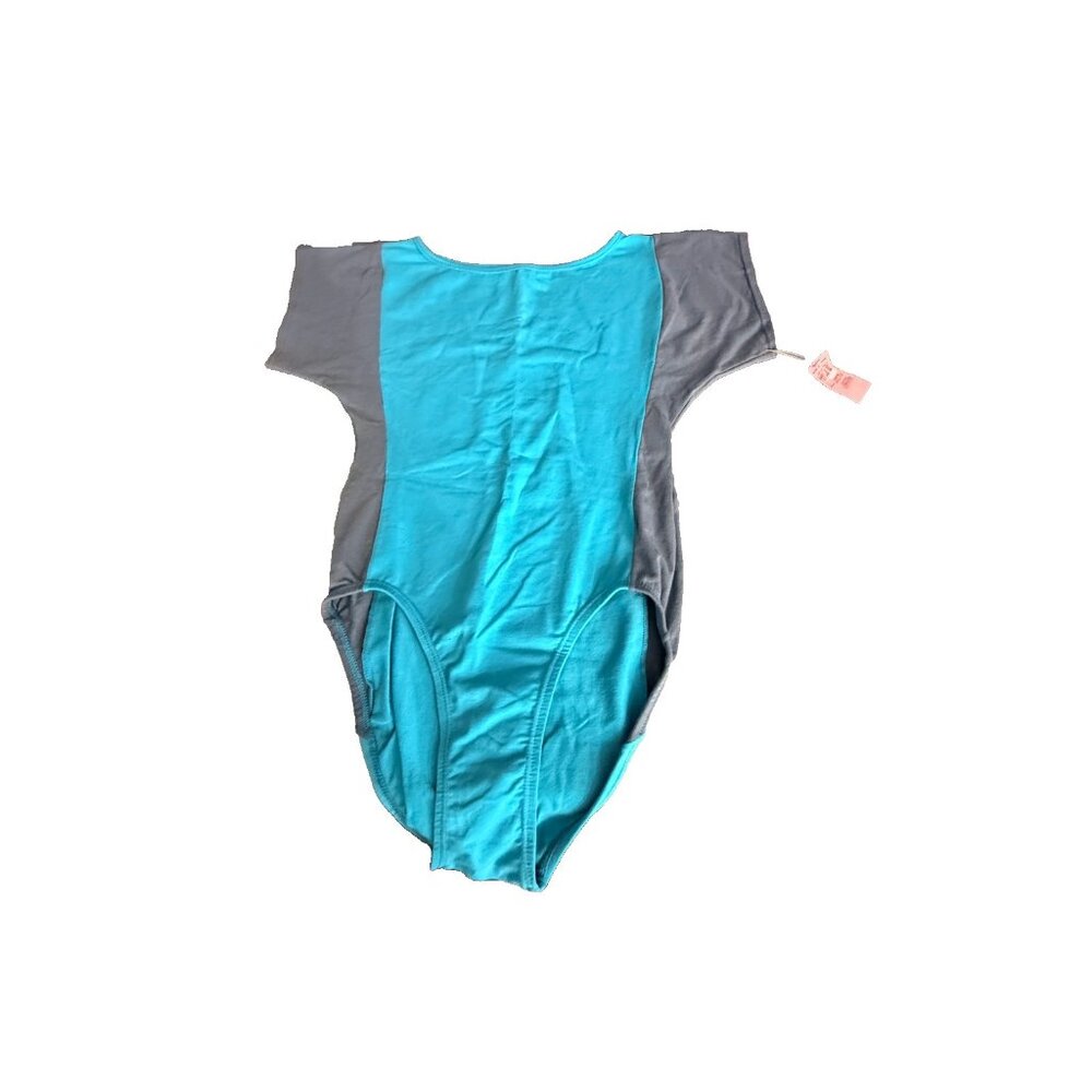 Vtg 80s 90s Colorblock Leotard Bodysuit Cap Sleeve Teal Grey Large Made in USA